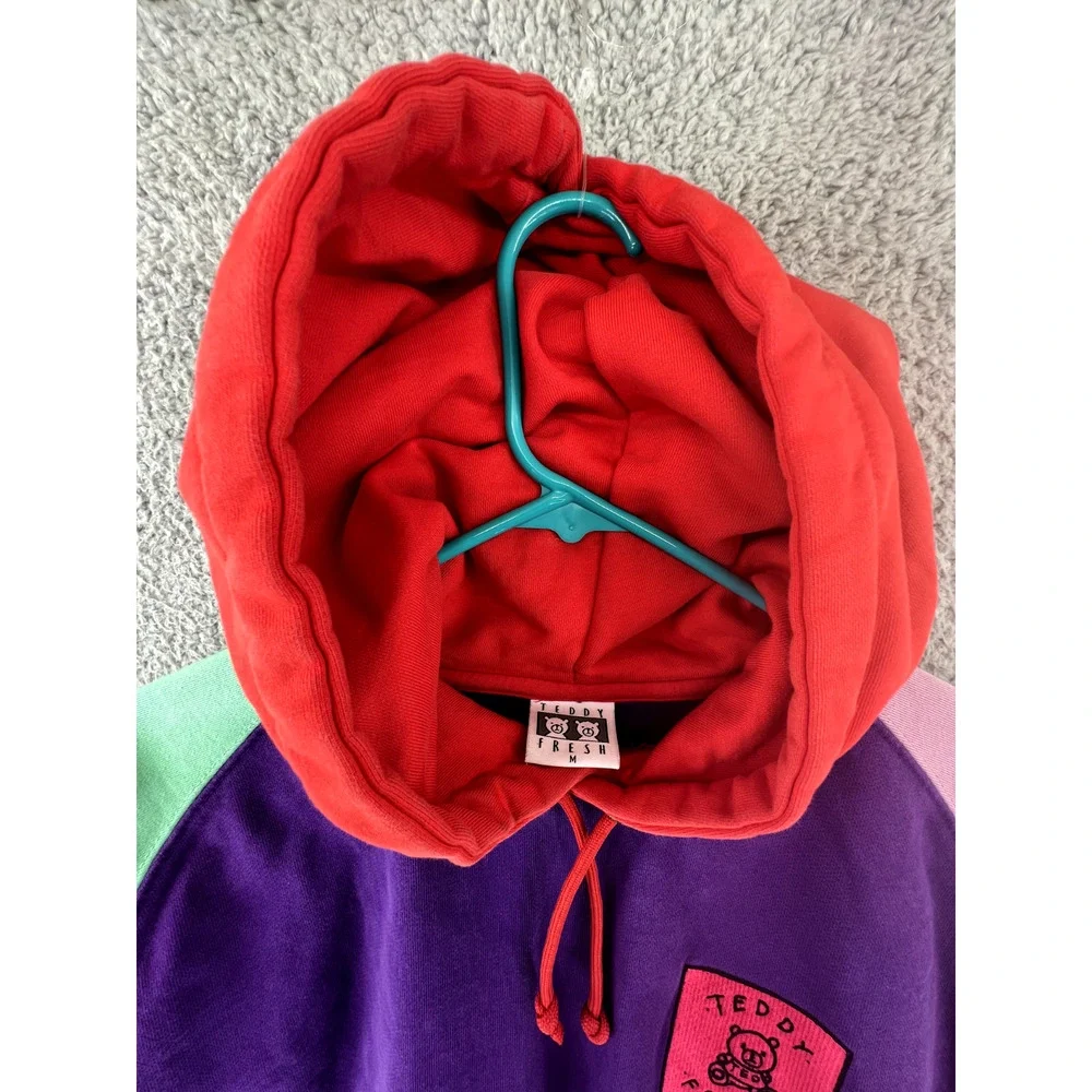 Teddy Fresh Sweater Mens Medium Hoodie Colorblock Purple Yellow Pink Casual READ